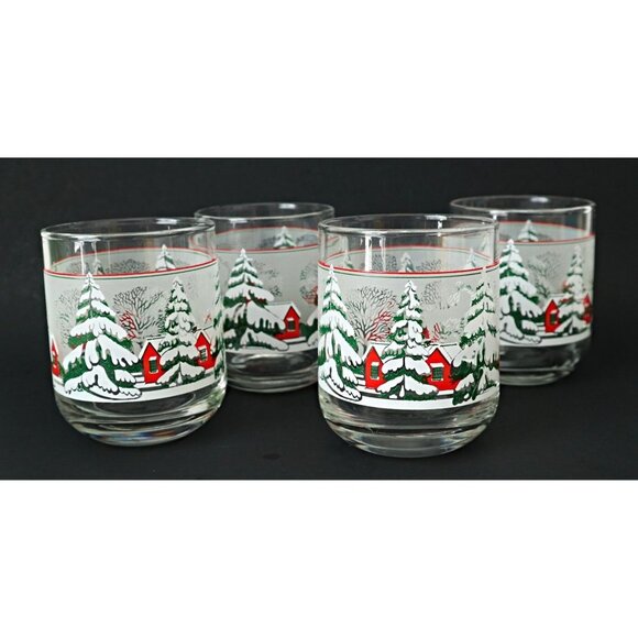 4 Vintage Christmas Scene Low Ball Or Juice Glasses Barware - Picture 1 of 4